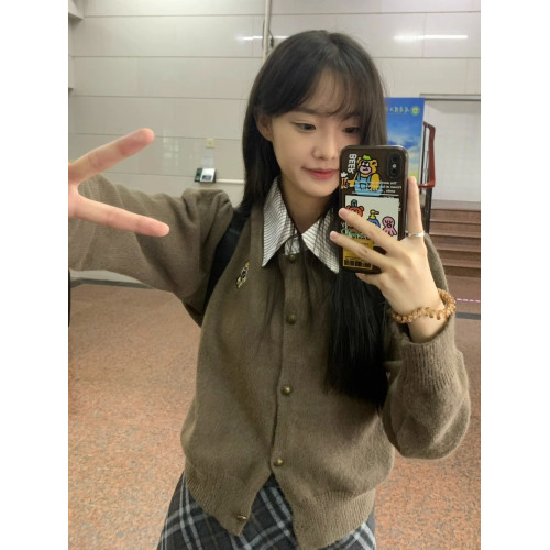 假兩件polo領開衫毛衣女2025新款春秋季學院風短款針織衫外套上衣