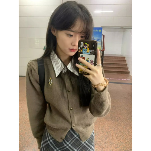 假兩件polo領開衫毛衣女2025新款春秋季學院風短款針織衫外套上衣