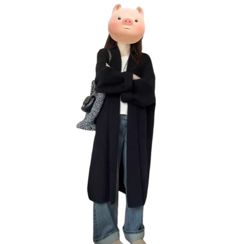 2025早秋季新款黑色長款毛衣外套針織開衫女春秋季韓系慵懶風大衣 2025早秋季新款黑色長款毛衣外套針織開衫女春秋季韓系慵懶風大衣