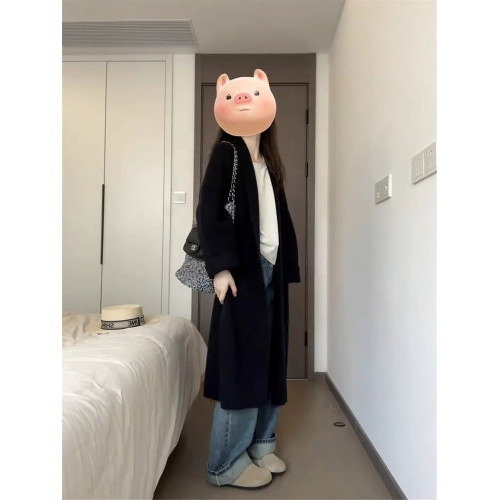 2025早秋季新款黑色長款毛衣外套針織開衫女春秋季韓系慵懶風大衣 2025早秋季新款黑色長款毛衣外套針織開衫女春秋季韓系慵懶風大衣