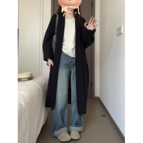 2025早秋季新款黑色長款毛衣外套針織開衫女春秋季韓系慵懶風大衣 2025早秋季新款黑色長款毛衣外套針織開衫女春秋季韓系慵懶風大衣