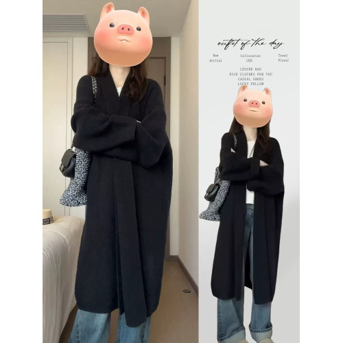 2025早秋季新款黑色長款毛衣外套針織開衫女春秋季韓系慵懶風大衣 2025早秋季新款黑色長款毛衣外套針織開衫女春秋季韓系慵懶風大衣