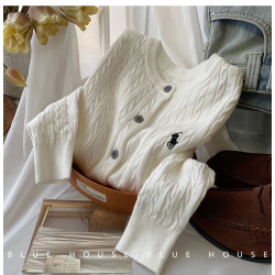 韓系圓領刺綉麻花針織開衫女2023早秋新款休閒百搭軟糯毛衣外套潮