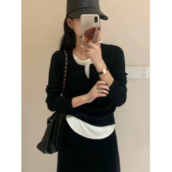 灰色假兩件v領早秋內搭打底衫女修身遮肉針織長袖毛衣氛圍感上衣