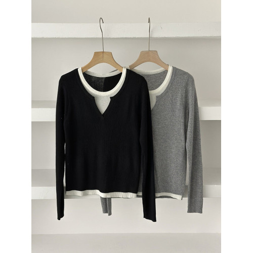 灰色假兩件v領早秋內搭打底衫女修身遮肉針織長袖毛衣氛圍感上衣