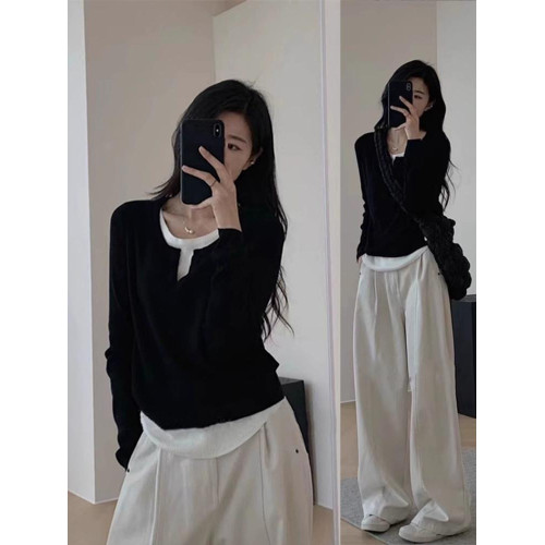 灰色假兩件v領早秋內搭打底衫女修身遮肉針織長袖毛衣氛圍感上衣