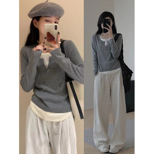 灰色假兩件v領早秋內搭打底衫女修身遮肉針織長袖毛衣氛圍感上衣