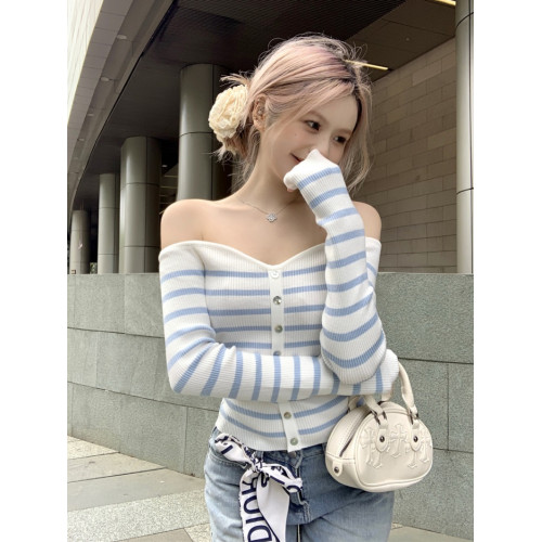 一字領藍白條紋長袖針織衫女早春修身顯瘦打底衫純欲短款露肩上衣