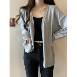 灰色針織開衫外套女夏季大碼胖mm慵懶寬松外搭防曬中長款v領毛衣