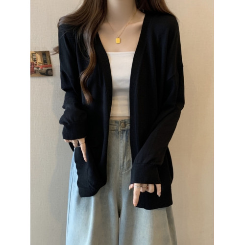 灰色針織開衫外套女夏季大碼胖mm慵懶寬松外搭防曬中長款v領毛衣