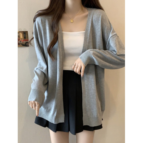 灰色針織開衫外套女夏季大碼胖mm慵懶寬松外搭防曬中長款v領毛衣