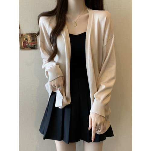 灰色針織開衫外套女夏季大碼胖mm慵懶寬松外搭防曬中長款v領毛衣