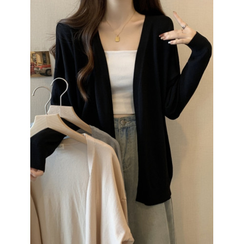 灰色針織開衫外套女夏季大碼胖mm慵懶寬松外搭防曬中長款v領毛衣