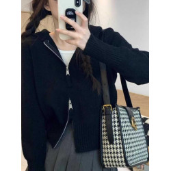 慵懶灰色拉鍊針織衫開衫女秋季新款軟糯短款連帽長袖毛衣外套上衣