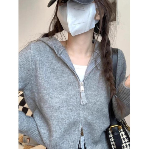 慵懶灰色拉鍊針織衫開衫女秋季新款軟糯短款連帽長袖毛衣外套上衣