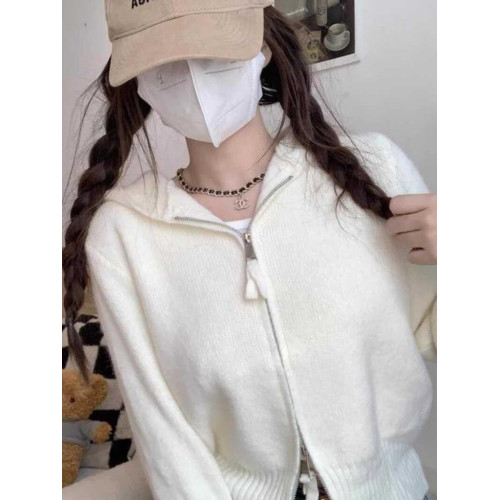 慵懶灰色拉鍊針織衫開衫女秋季新款軟糯短款連帽長袖毛衣外套上衣