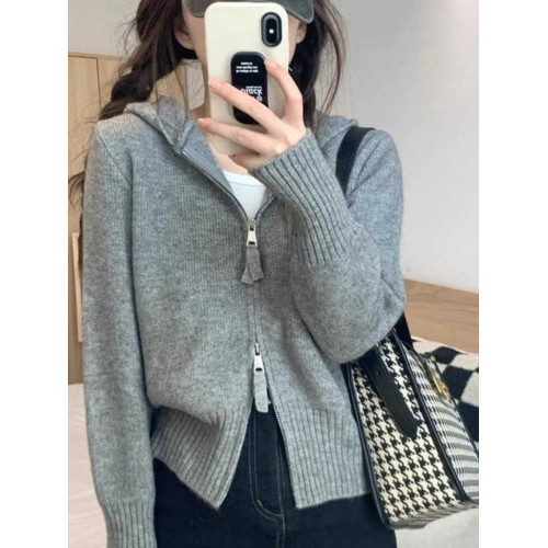 慵懶灰色拉鍊針織衫開衫女秋季新款軟糯短款連帽長袖毛衣外套上衣