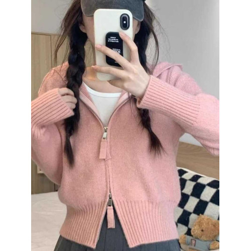 慵懶灰色拉鍊針織衫開衫女秋季新款軟糯短款連帽長袖毛衣外套上衣