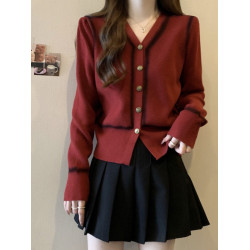 法式小香風V領拼色長袖針織開衫女早秋新款大碼胖mm小衆別致上衣