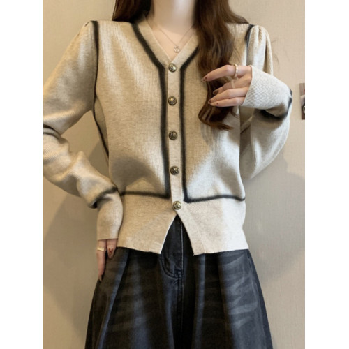 法式小香風V領拼色長袖針織開衫女早秋新款大碼胖mm小衆別致上衣