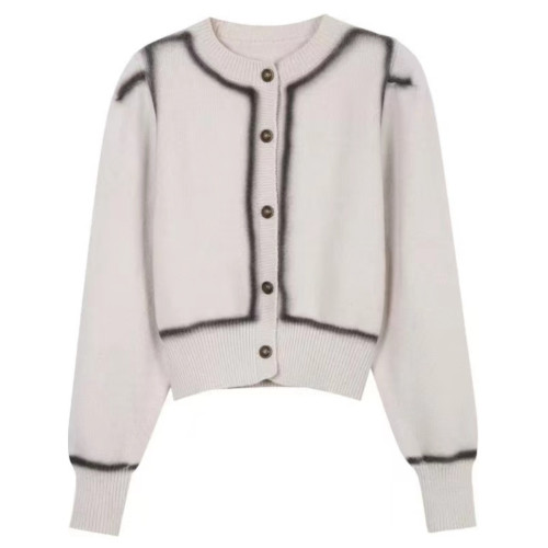 法式小香風V領拼色長袖針織開衫女早秋新款大碼胖mm小衆別致上衣