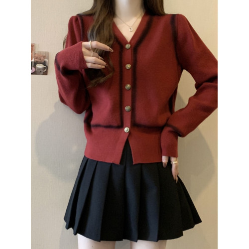 法式小香風V領拼色長袖針織開衫女早秋新款大碼胖mm小衆別致上衣