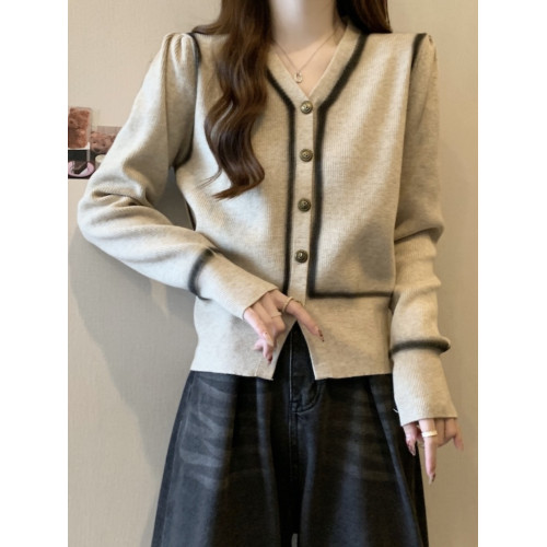 法式小香風V領拼色長袖針織開衫女早秋新款大碼胖mm小衆別致上衣