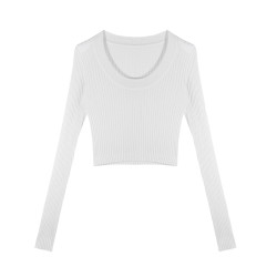 白色U領針織打底衫女早春內搭修身短款高腰針織衫上衣女設計感薄