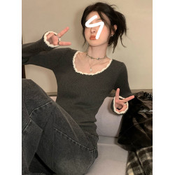 高級感低圓領洋氣小香風內搭針織衫打底毛衣女秋冬季長袖T恤上衣
