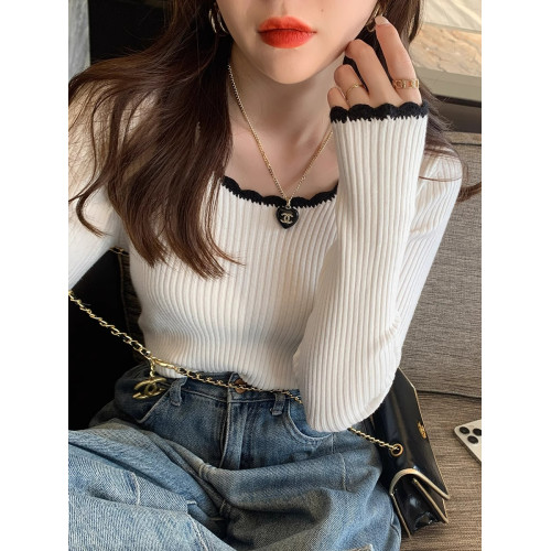 高級感低圓領洋氣小香風內搭針織衫打底毛衣女秋冬季長袖T恤上衣