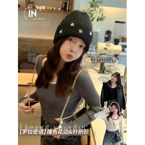 高級感低圓領洋氣小香風內搭針織衫打底毛衣女秋冬季長袖T恤上衣