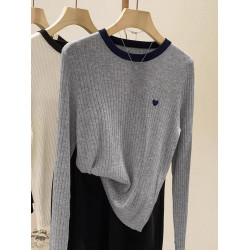 韓系精緻愛心刺綉拼色圓領長袖打底衫女2025春秋季顯瘦毛衣內搭潮