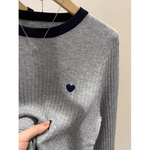 韓系精緻愛心刺綉拼色圓領長袖打底衫女2025春秋季顯瘦毛衣內搭潮