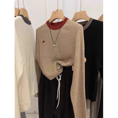 韓系精緻愛心刺綉拼色圓領長袖打底衫女2025春秋季顯瘦毛衣內搭潮