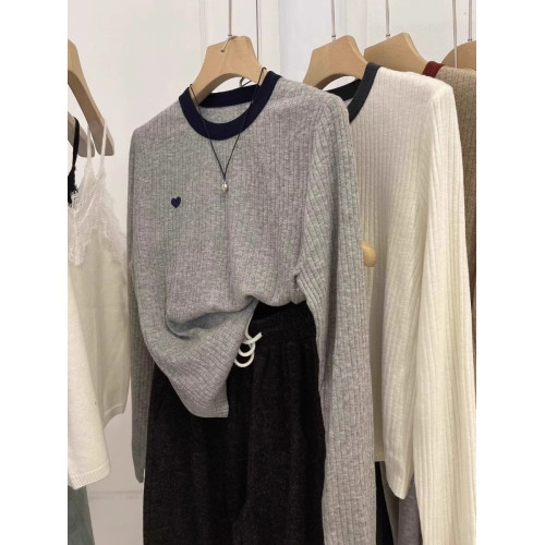 韓系精緻愛心刺綉拼色圓領長袖打底衫女2025春秋季顯瘦毛衣內搭潮