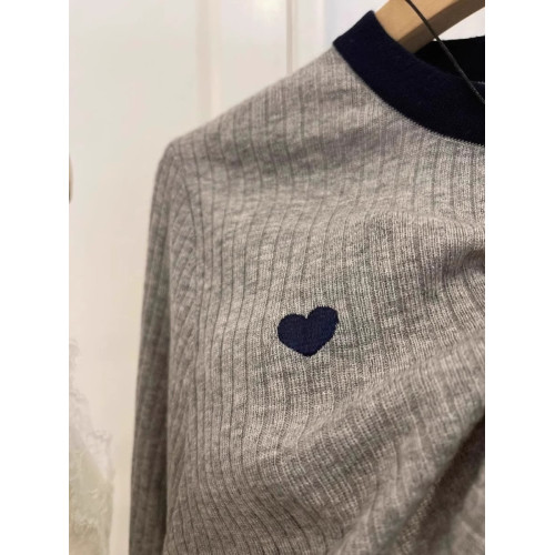 韓系精緻愛心刺綉拼色圓領長袖打底衫女2025春秋季顯瘦毛衣內搭潮