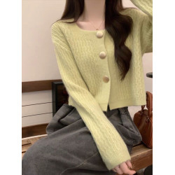 別致獨特方領寬松短款毛衣開衫外套女春秋2025新款小個子針織上衣