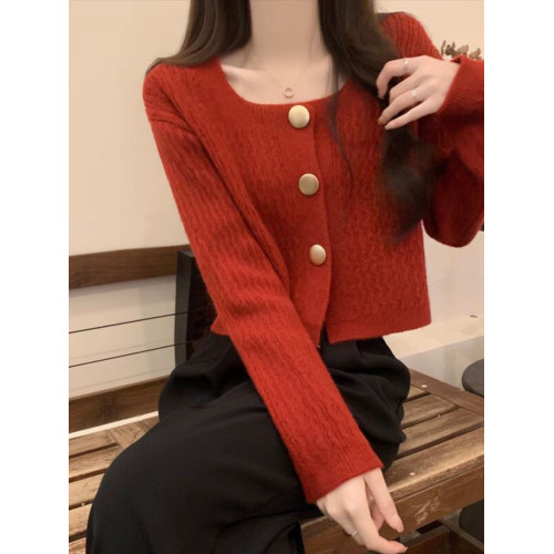 別致獨特方領寬松短款毛衣開衫外套女春秋2025新款小個子針織上衣