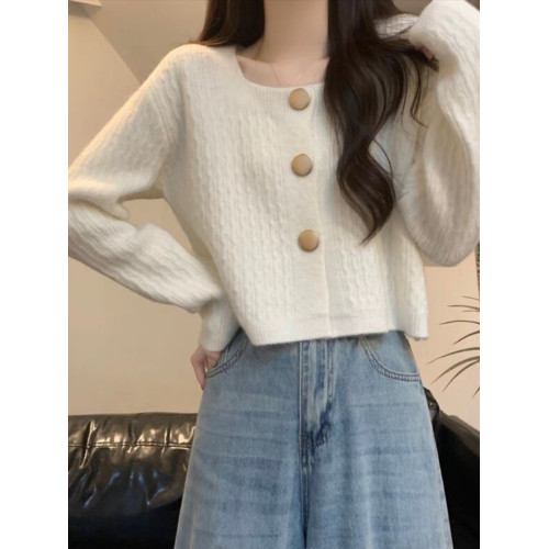 別致獨特方領寬松短款毛衣開衫外套女春秋2025新款小個子針織上衣