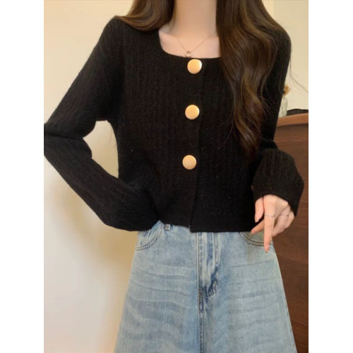 別致獨特方領寬松短款毛衣開衫外套女春秋2025新款小個子針織上衣