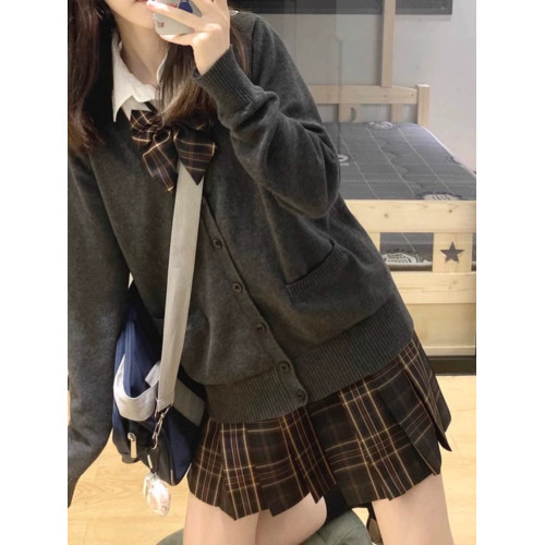 原創JK毛衣開衫外套女春秋日系學院風製服校供感深灰長袖針織上衣 原創JK毛衣開衫外套女春秋日系學院風製服校供感深灰長袖針織上衣