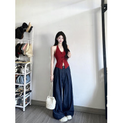 法式紅色套裝女春季新款時尚氣質針織開衫修身花朵掛脖背心兩件套