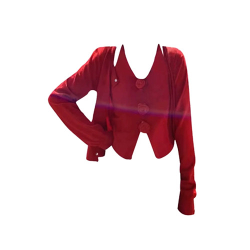 法式紅色套裝女春季新款時尚氣質針織開衫修身花朵掛脖背心兩件套