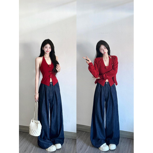 法式紅色套裝女春季新款時尚氣質針織開衫修身花朵掛脖背心兩件套