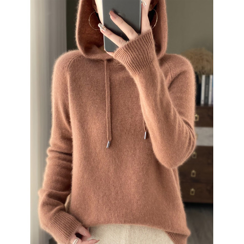 100%羊毛減齡連帽衛衣女羊絨針織衫帽衫寬松打底衫羊毛衫大碼毛衣