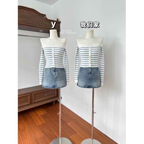 玖月伍【日光島嶼】條紋針織衫女秋季一字肩修身短款打底上衣 玖月伍【日光島嶼】條紋針織衫女秋季一字肩修身短款打底上衣