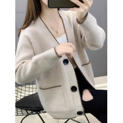 春秋裝短款純色羊絨開衫女V領針織外搭韓版寬松毛衣外套長袖百搭