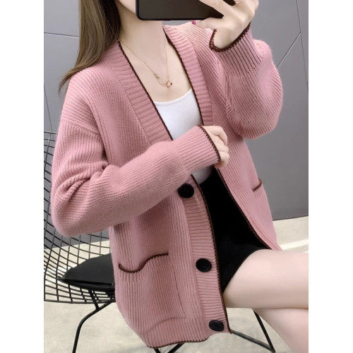 春秋裝短款純色羊絨開衫女V領針織外搭韓版寬松毛衣外套長袖百搭