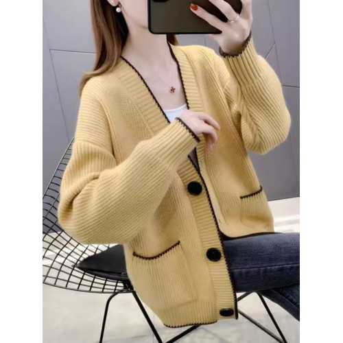 春秋裝短款純色羊絨開衫女V領針織外搭韓版寬松毛衣外套長袖百搭