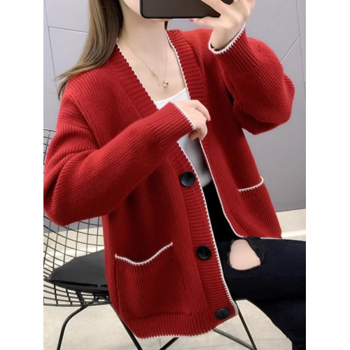 春秋裝短款純色羊絨開衫女V領針織外搭韓版寬松毛衣外套長袖百搭